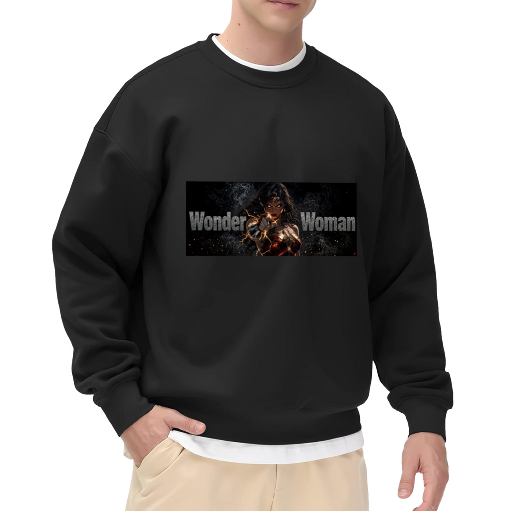 Men's crewneck sweatshirt seen on a model, its front graphic depicting a warrior with crossed armored bracers in a lettered chest banner