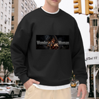 A warrior with crossed armored bracers in a lettered chest banner visible on a men's crewneck sweatshirt in an outdoor front model view