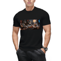 Model styling a men's T-shirt featuring retro Cat & Mouse Chase graphic, front angle