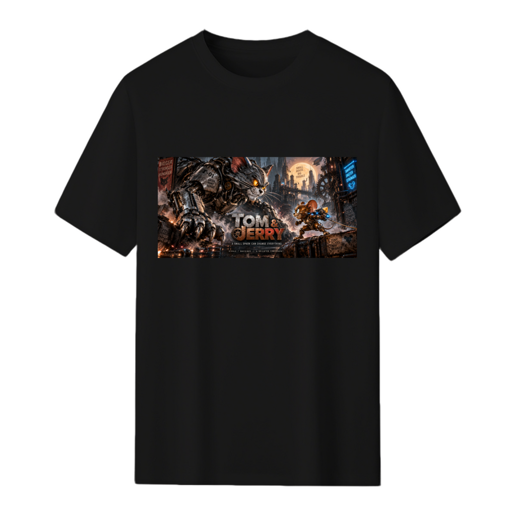 Men's graphic T-shirt showing retro Cat & Mouse Chase design from the front