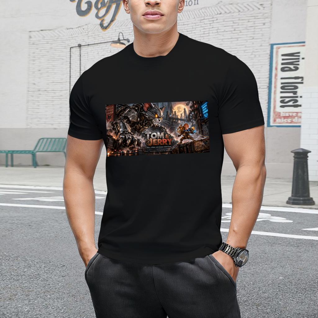 Outdoor front angle of a model wearing a men's T-shirt with retro Cat & Mouse Chase graphic