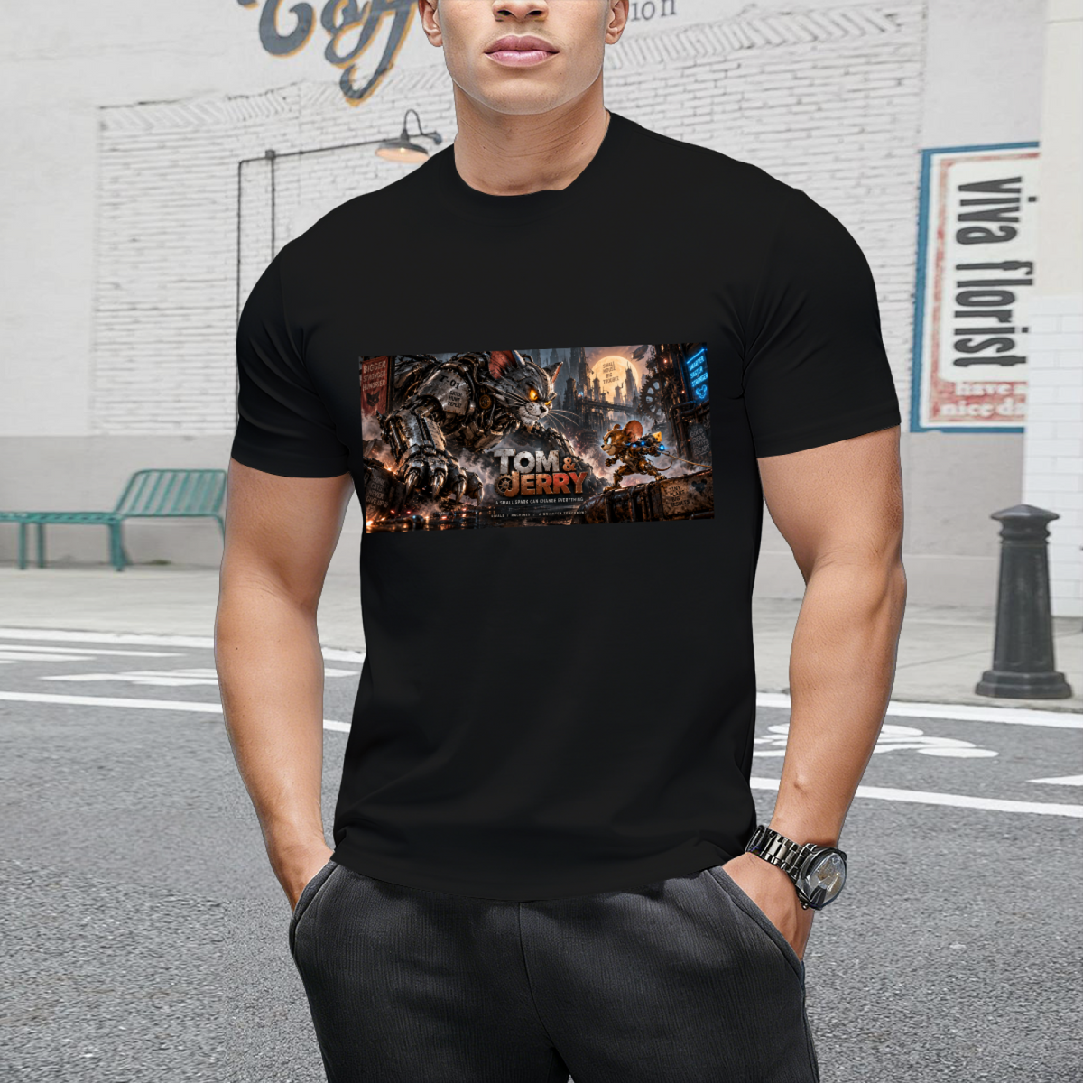 Outdoor front angle of a model wearing a men's T-shirt with retro Cat & Mouse Chase graphic