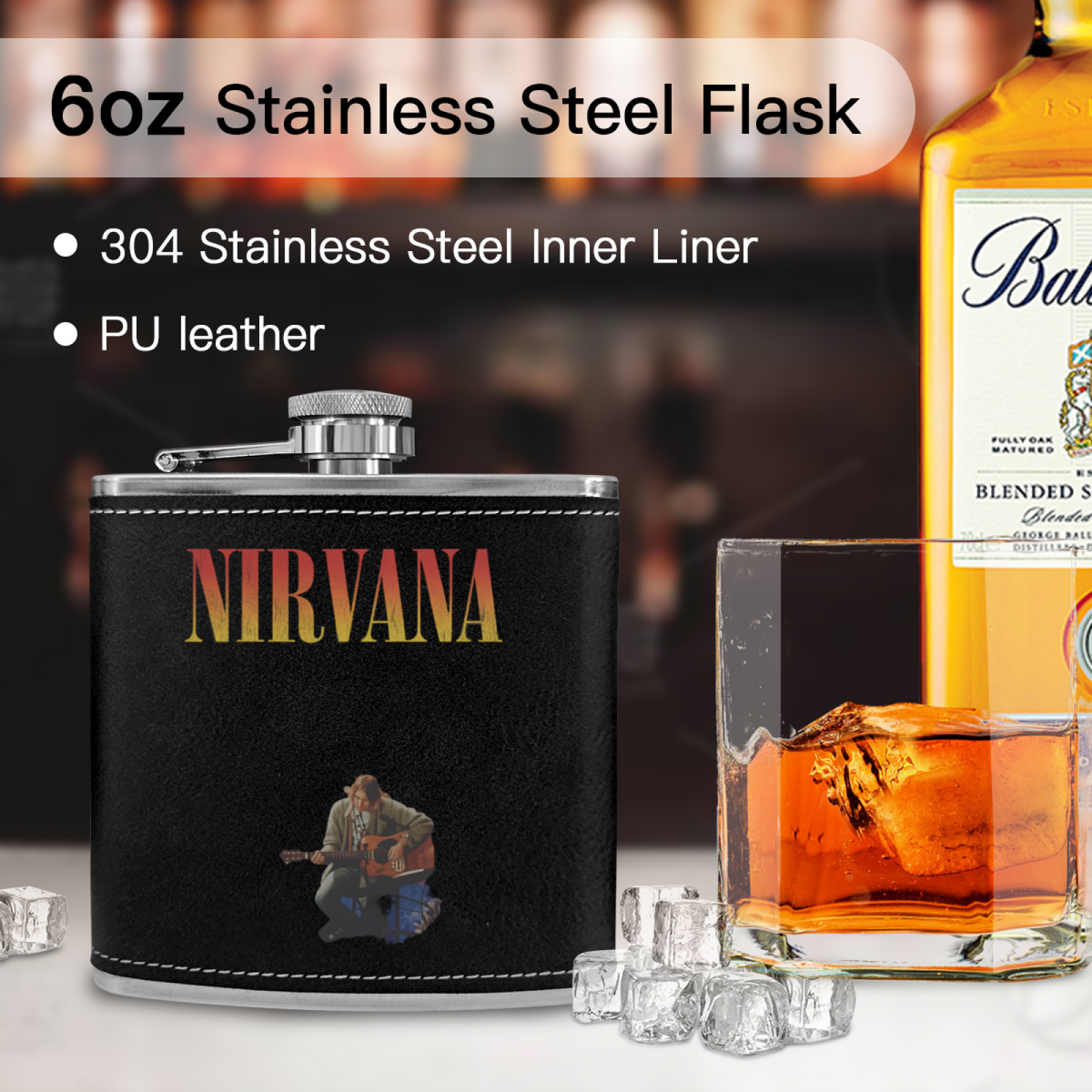 Nirvana MTV Unplugged Dark 6oz vintage-style stainless steel hip flask product image