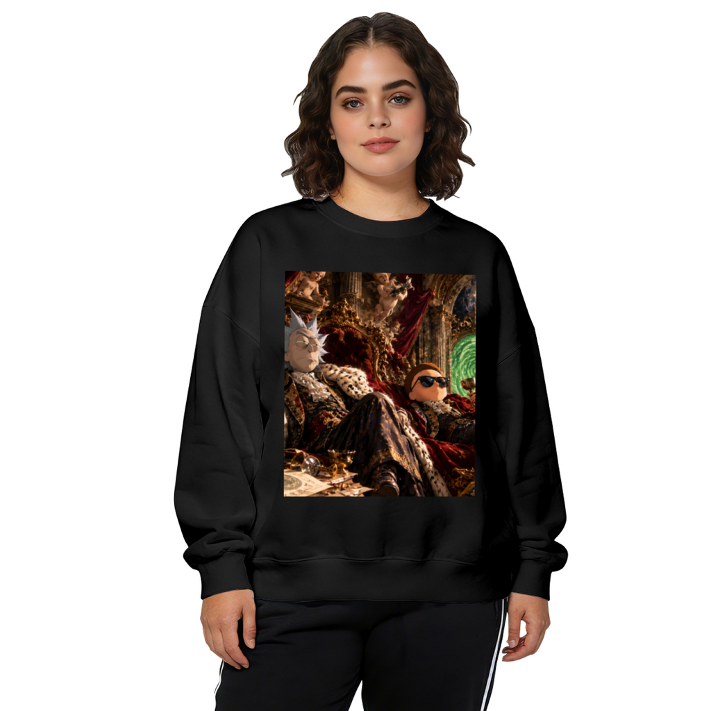 Front-facing model wearing a women's crewneck sweatshirt decorated with figures gathered in a richly furnished palace lounge with a glowing portal