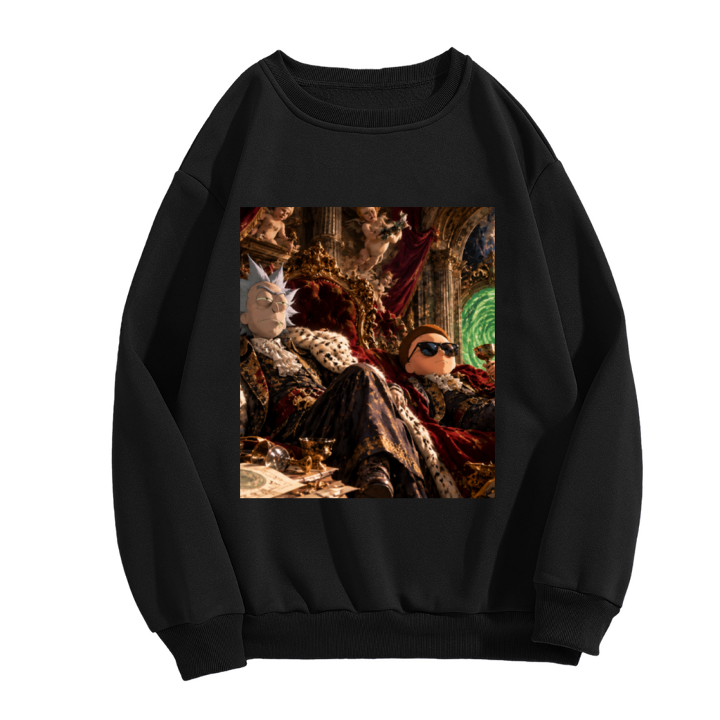 Figures gathered in a richly furnished palace lounge with a glowing portal shown on the front of a women's crewneck sweatshirt in a standalone product shot