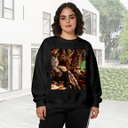 Outdoor photograph of a model in a women's crewneck sweatshirt bearing figures gathered in a richly furnished palace lounge with a glowing portal