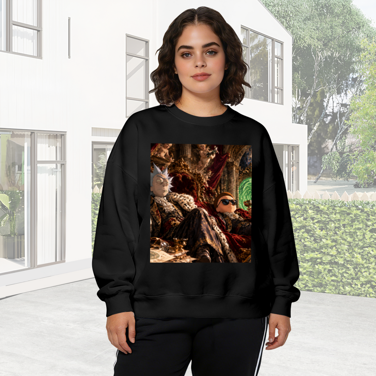 Outdoor photograph of a model in a women's crewneck sweatshirt bearing figures gathered in a richly furnished palace lounge with a glowing portal