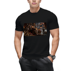 Model styling a men's T-shirt featuring wild Cat & Mouse Chase graphic, front angle