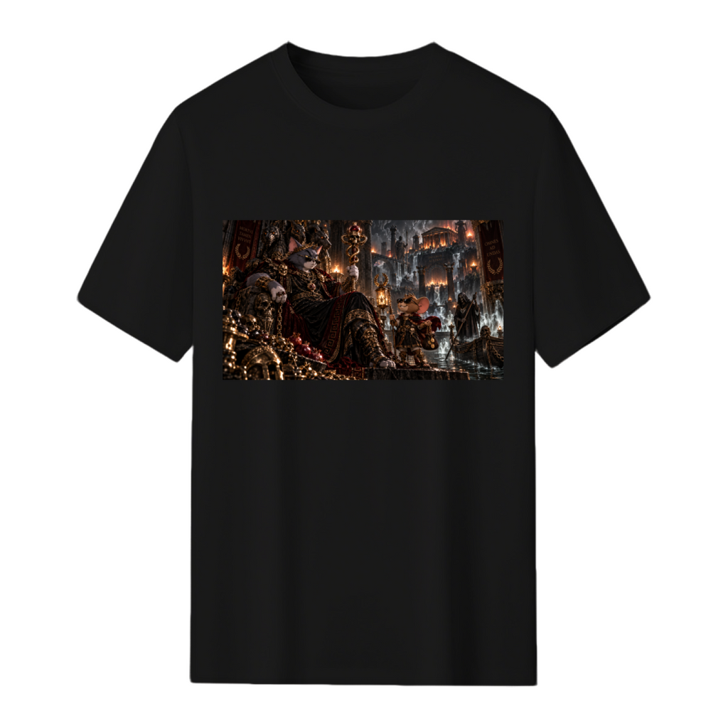 Men's graphic T-shirt showing wild Cat & Mouse Chase design from the front