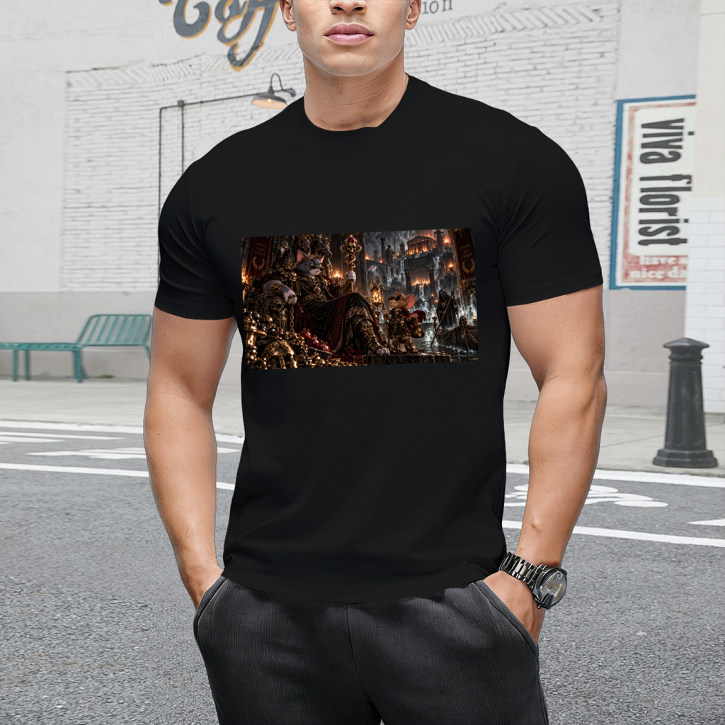 Outdoor front angle of a model wearing a men's T-shirt with wild Cat & Mouse Chase graphic