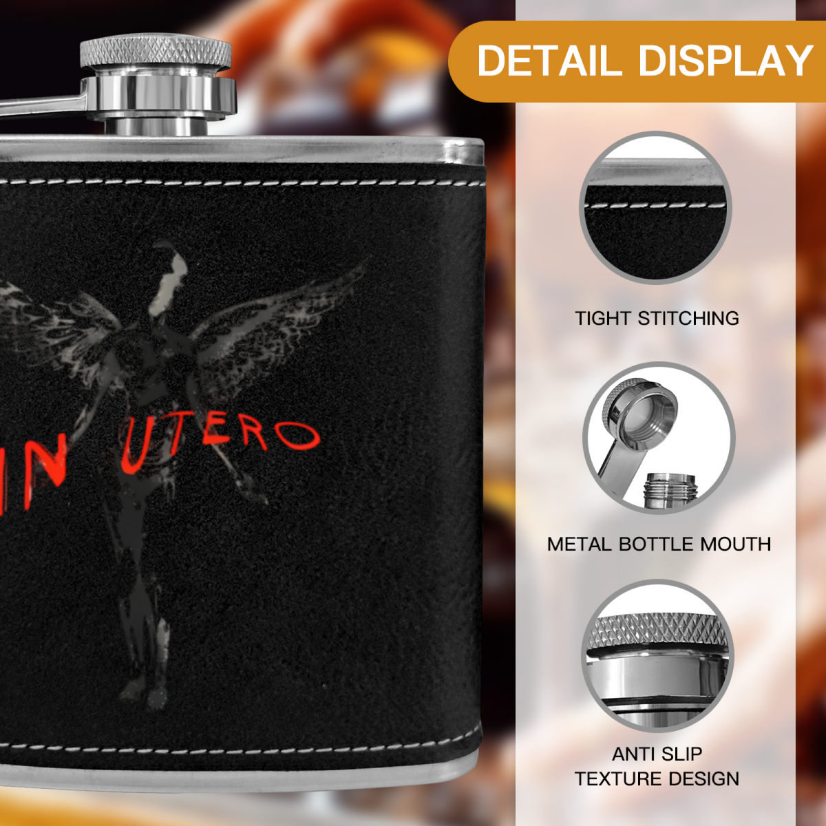 Nirvana In Utero Longform 6oz vintage-style stainless steel hip flask product image
