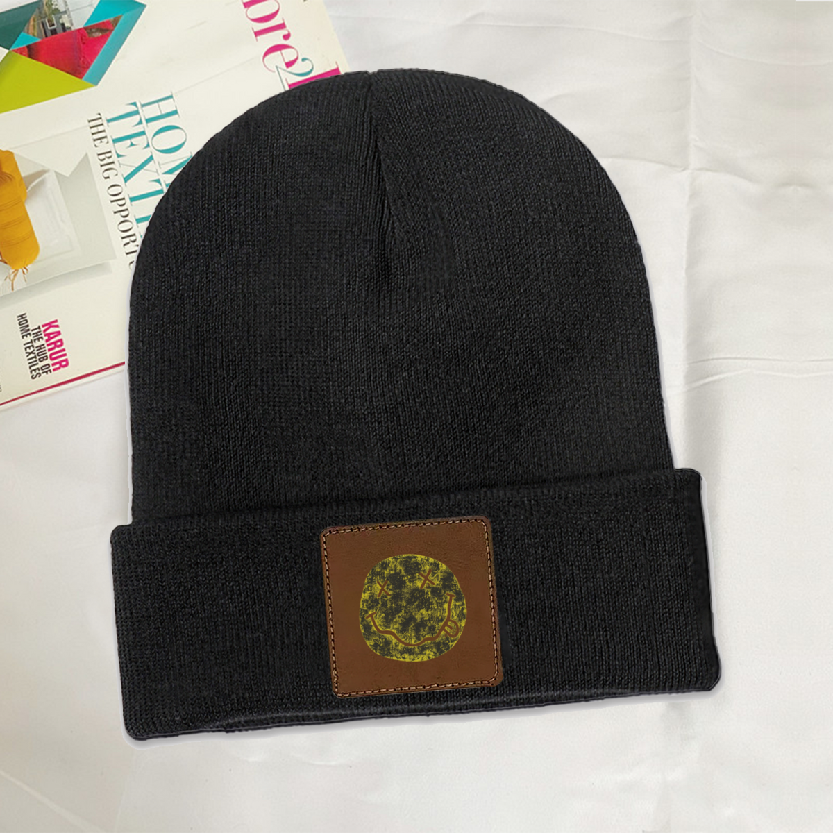Nirvana I’m So Happy Smiley Square Patch Beanie product image showing square-patch knit beanie design