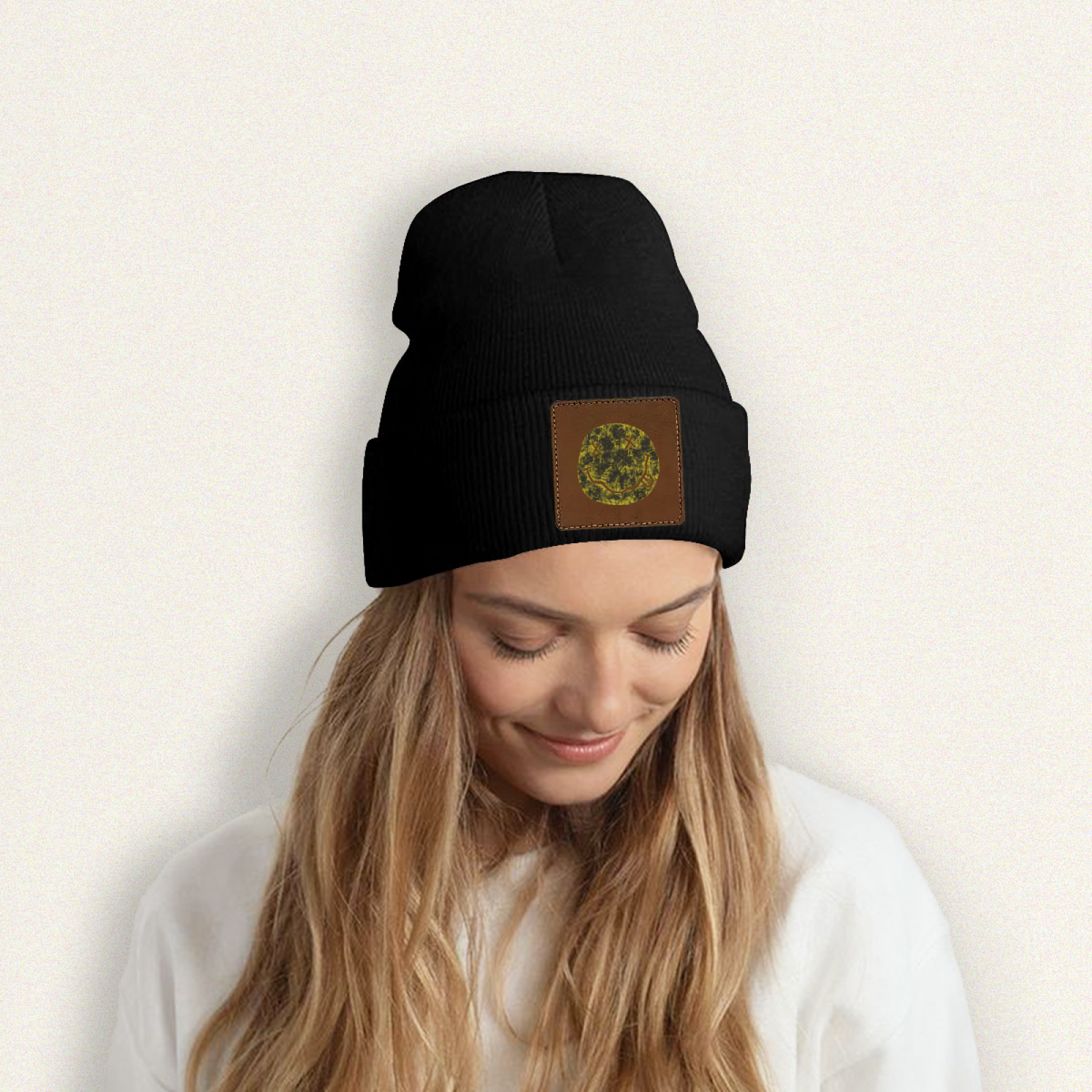 Nirvana I’m So Happy Smiley Square Patch Beanie product image showing square-patch knit beanie design