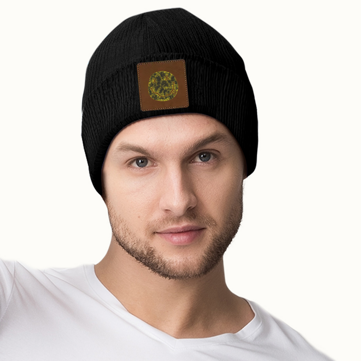 Nirvana I’m So Happy Smiley Square Patch Beanie product image showing square-patch knit beanie design