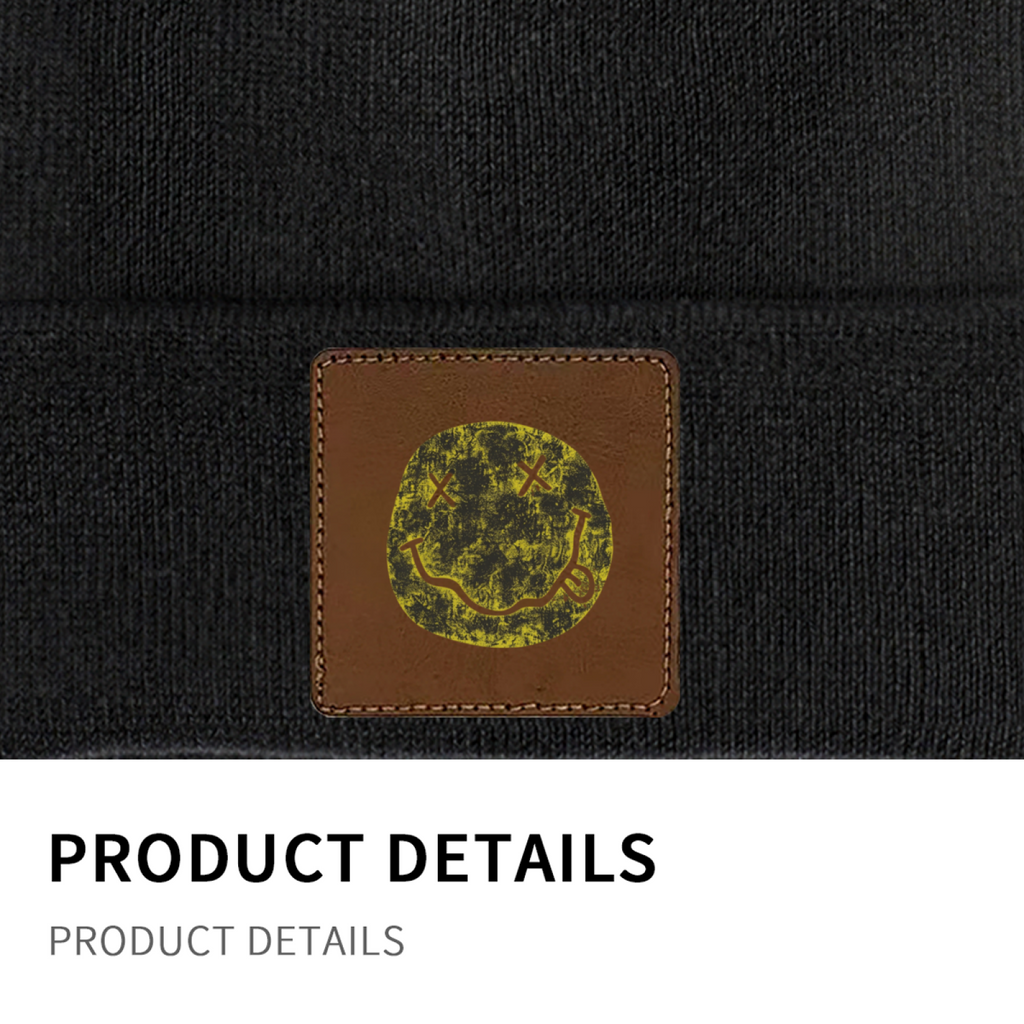 Nirvana I’m So Happy Smiley Square Patch Beanie product image showing square-patch knit beanie design
