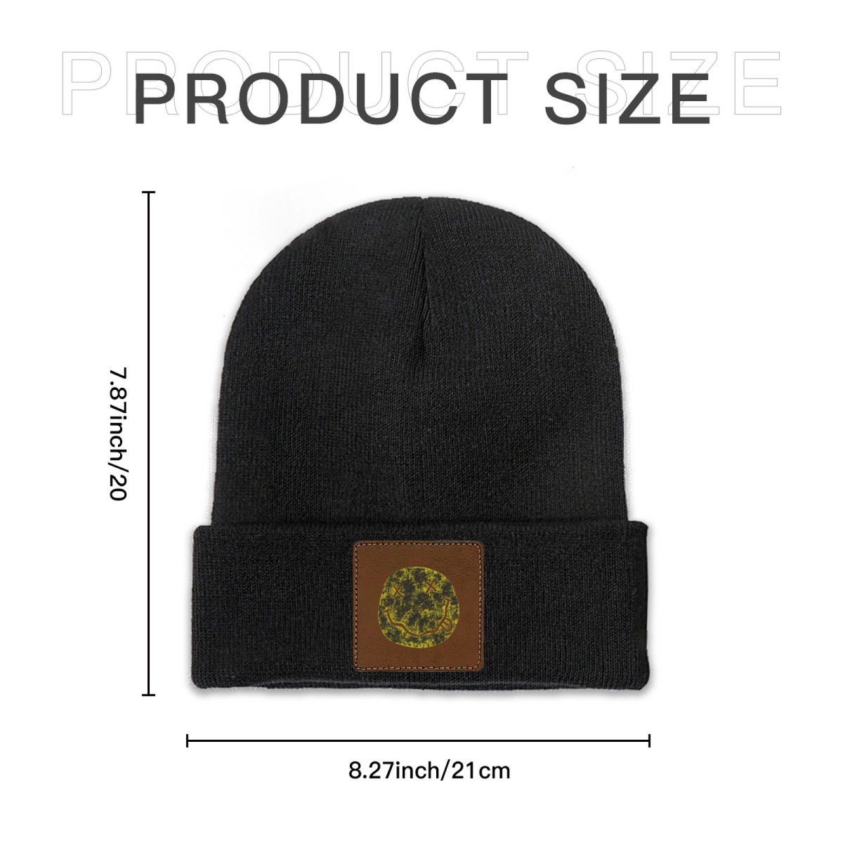 Nirvana I’m So Happy Smiley Square Patch Beanie product image showing square-patch knit beanie design