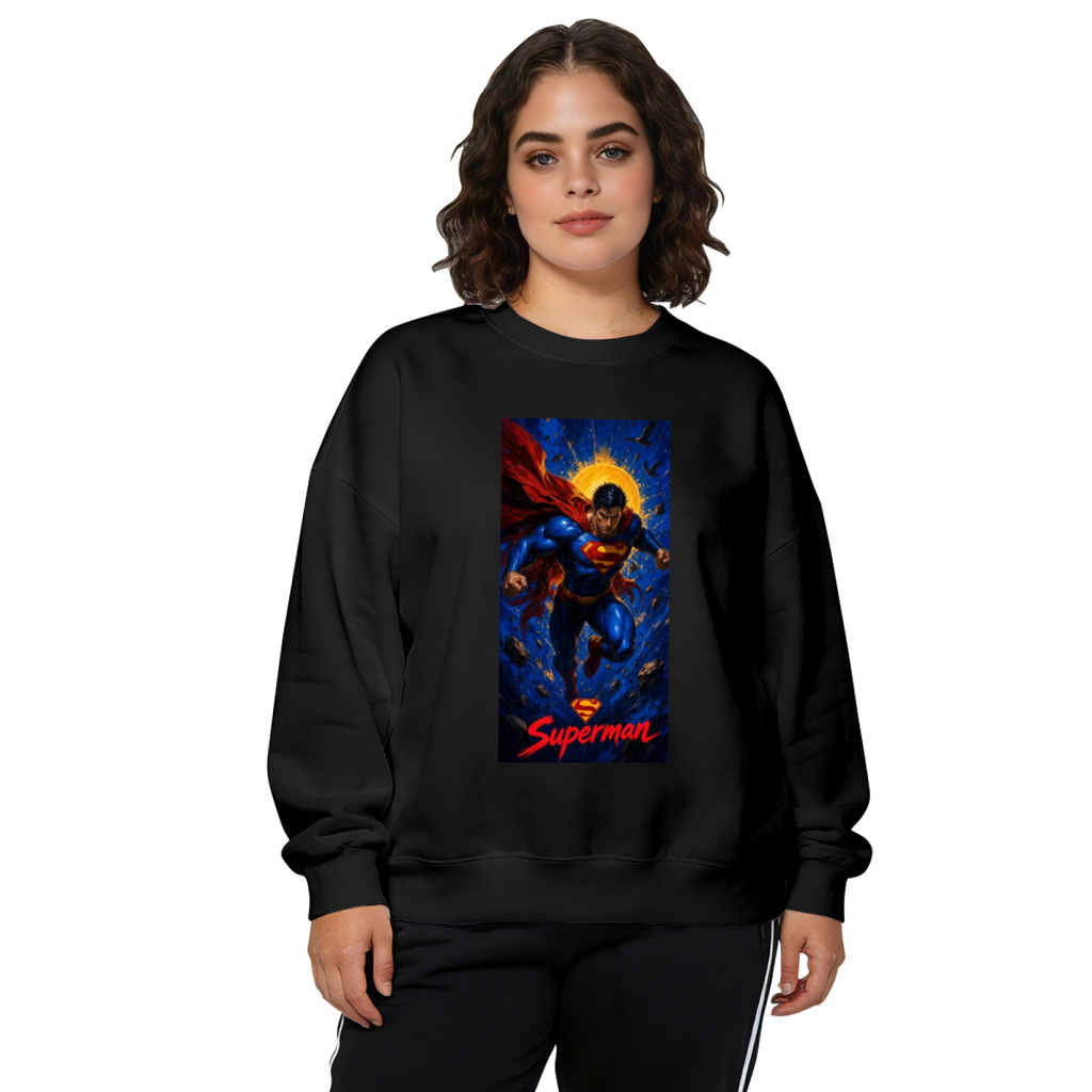 Women's crewneck sweatshirt seen on a model, its front graphic depicting a caped figure ascending into a cosmic backdrop with a golden halo