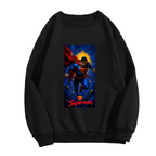 Front garment photograph: women's crewneck sweatshirt decorated with a caped figure ascending into a cosmic backdrop with a golden halo