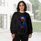 A caped figure ascending into a cosmic backdrop with a golden halo visible on a women's crewneck sweatshirt in an outdoor front model view