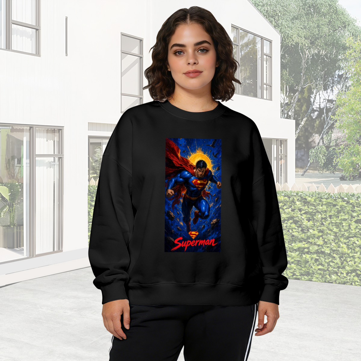 A caped figure ascending into a cosmic backdrop with a golden halo visible on a women's crewneck sweatshirt in an outdoor front model view