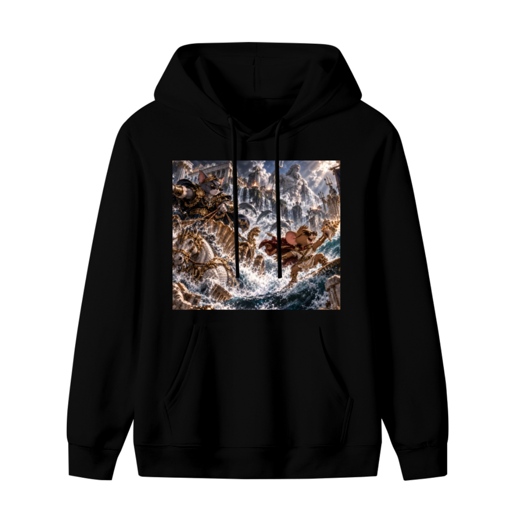 Unworn men's hoodie, front view of the design depicting a trident-bearing cat surrounded by surging waves in a sea battle