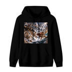 Unworn men's hoodie, front view of the design depicting a trident-bearing cat surrounded by surging waves in a sea battle