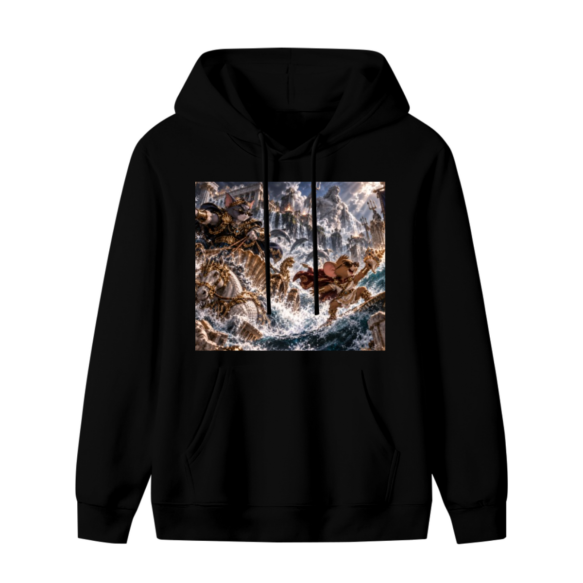 Unworn men's hoodie, front view of the design depicting a trident-bearing cat surrounded by surging waves in a sea battle
