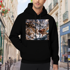 On-location model photograph displaying a trident-bearing cat surrounded by surging waves in a sea battle on the front of a men's hoodie