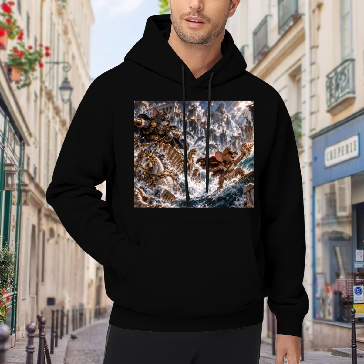 On-location model photograph displaying a trident-bearing cat surrounded by surging waves in a sea battle on the front of a men's hoodie