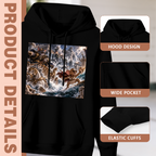 Garment and inset detail views for the men's Trident Feline in the Surf hoodie, highlighting the hood, pocket opening and cuffs