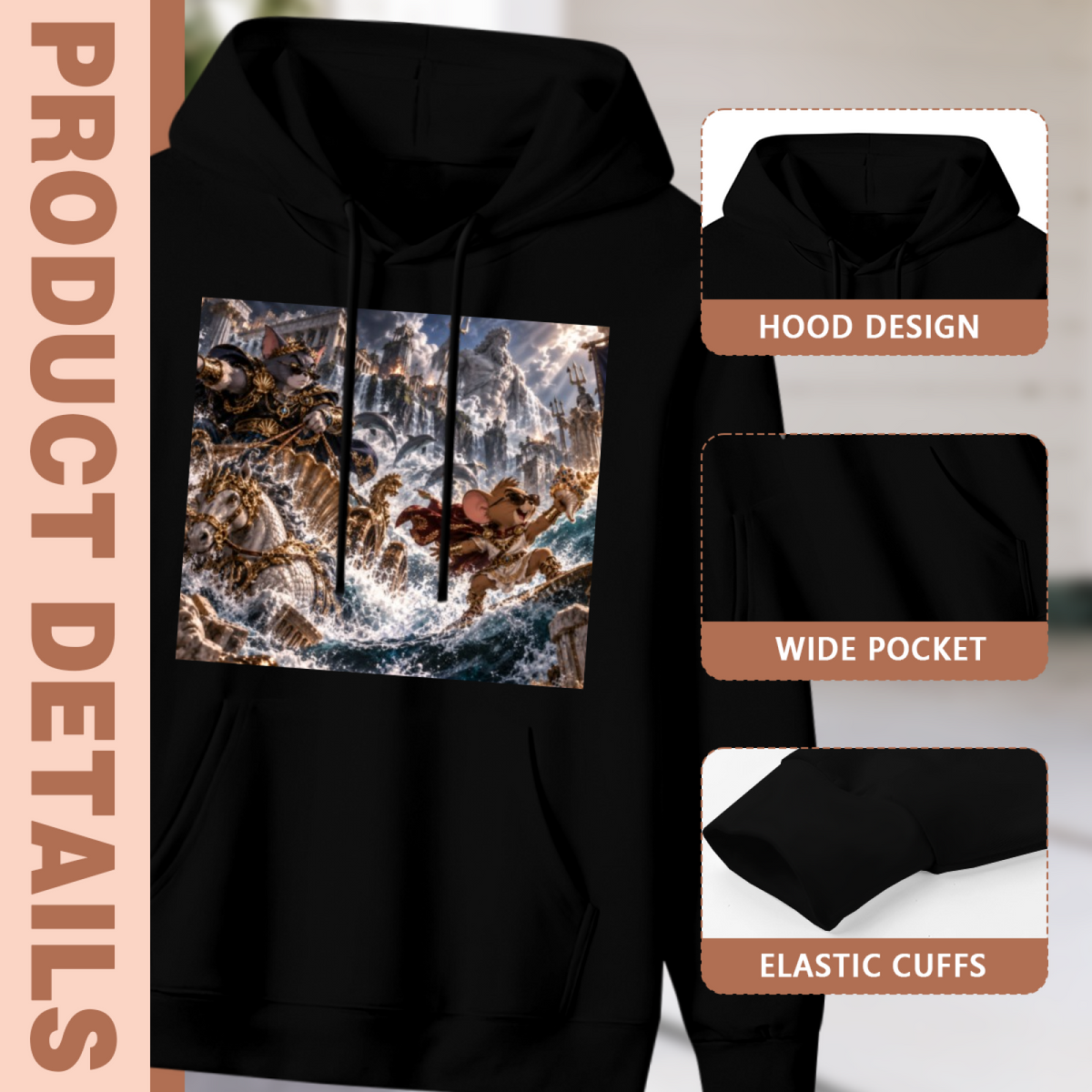Garment and inset detail views for the men's Trident Feline in the Surf hoodie, highlighting the hood, pocket opening and cuffs