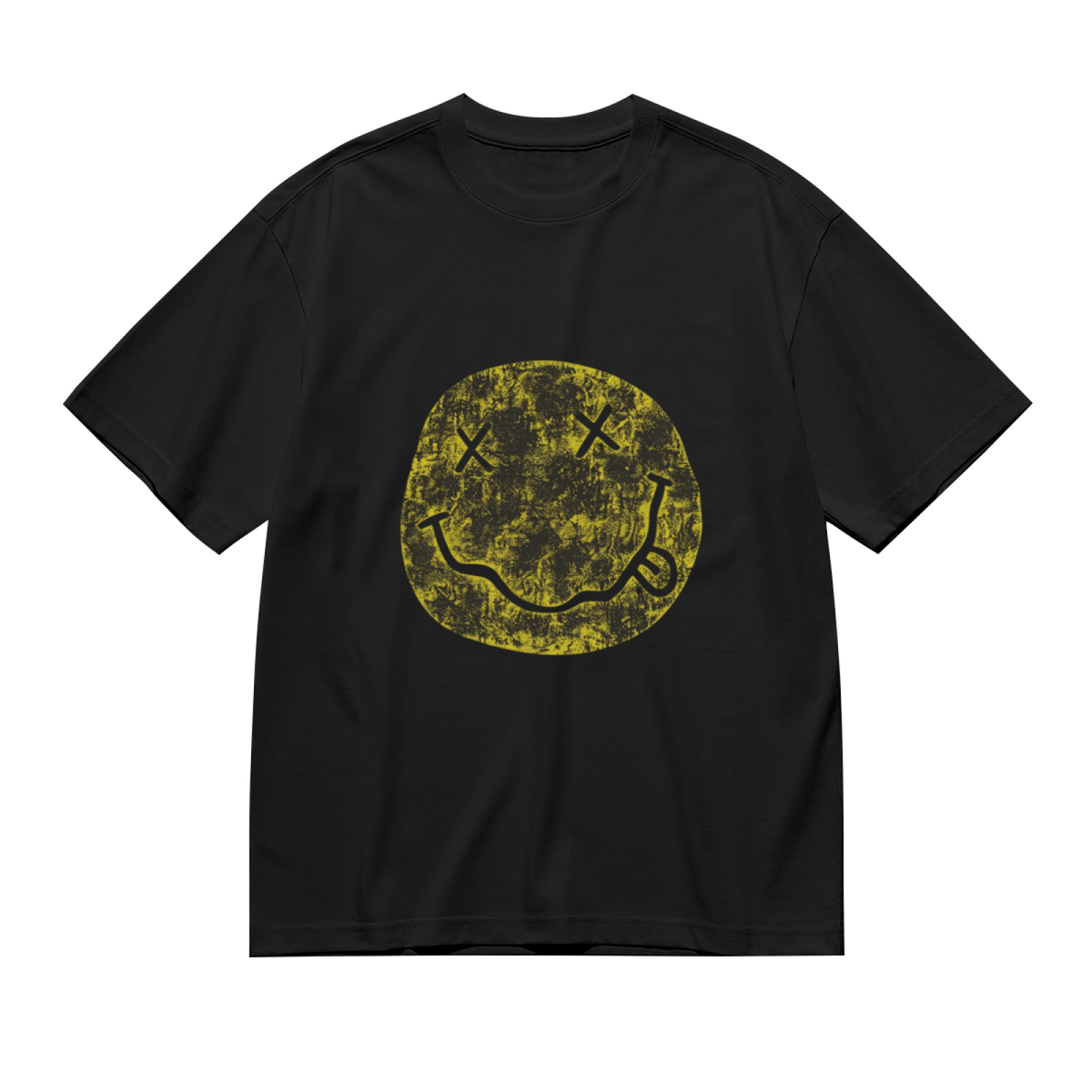 Graphic T-shirt product image with distressed yellow smiley artwork