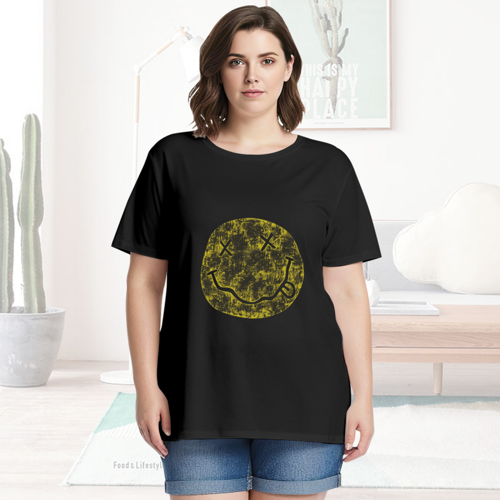 Graphic T-shirt product image with distressed yellow smiley artwork