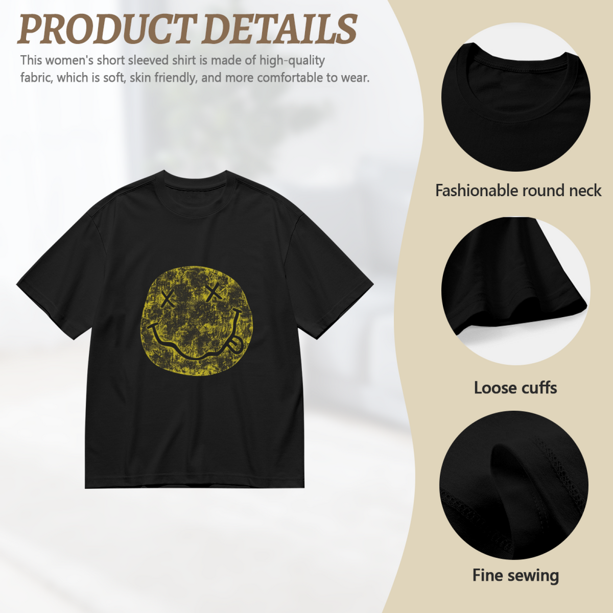 Graphic T-shirt product image with distressed yellow smiley artwork