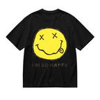 Nirvana I’m So Happy Yellow Smiley Graphic T-Shirt — product design preview of the artwork; the words “I’m So Happy” appear with a yellow smiley-face graphic