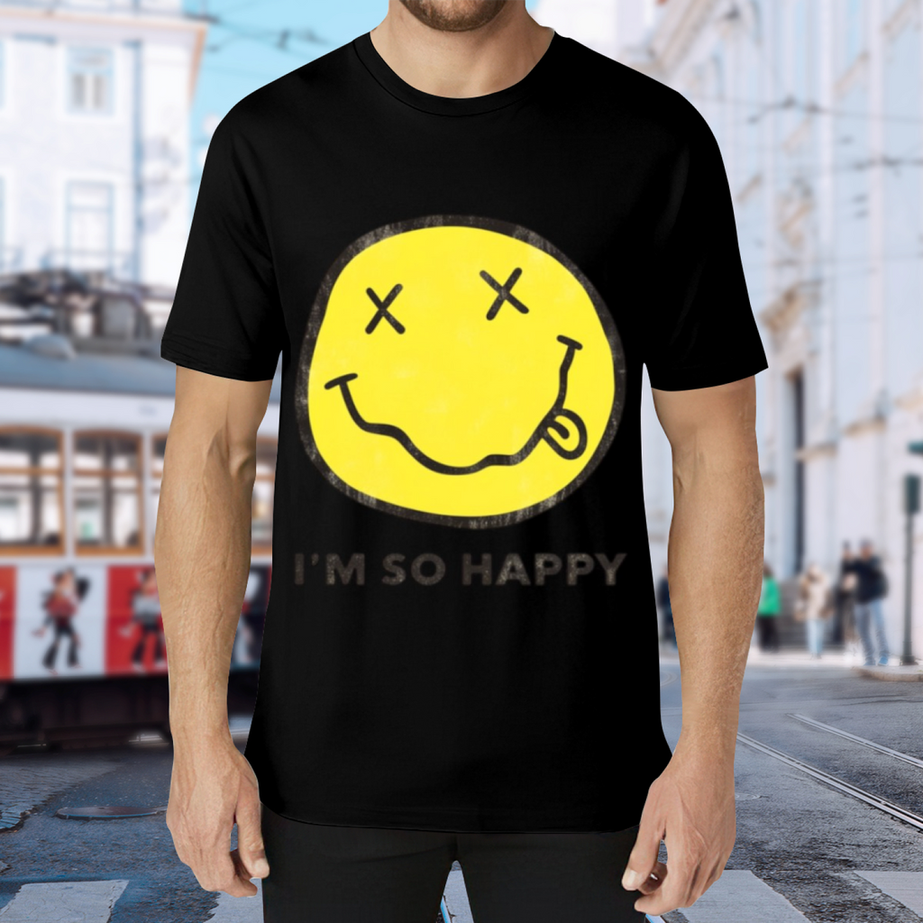 Nirvana I’m So Happy Yellow Smiley Graphic T-Shirt — product design preview of the artwork; the words “I’m So Happy” appear with a yellow smiley-face graphic