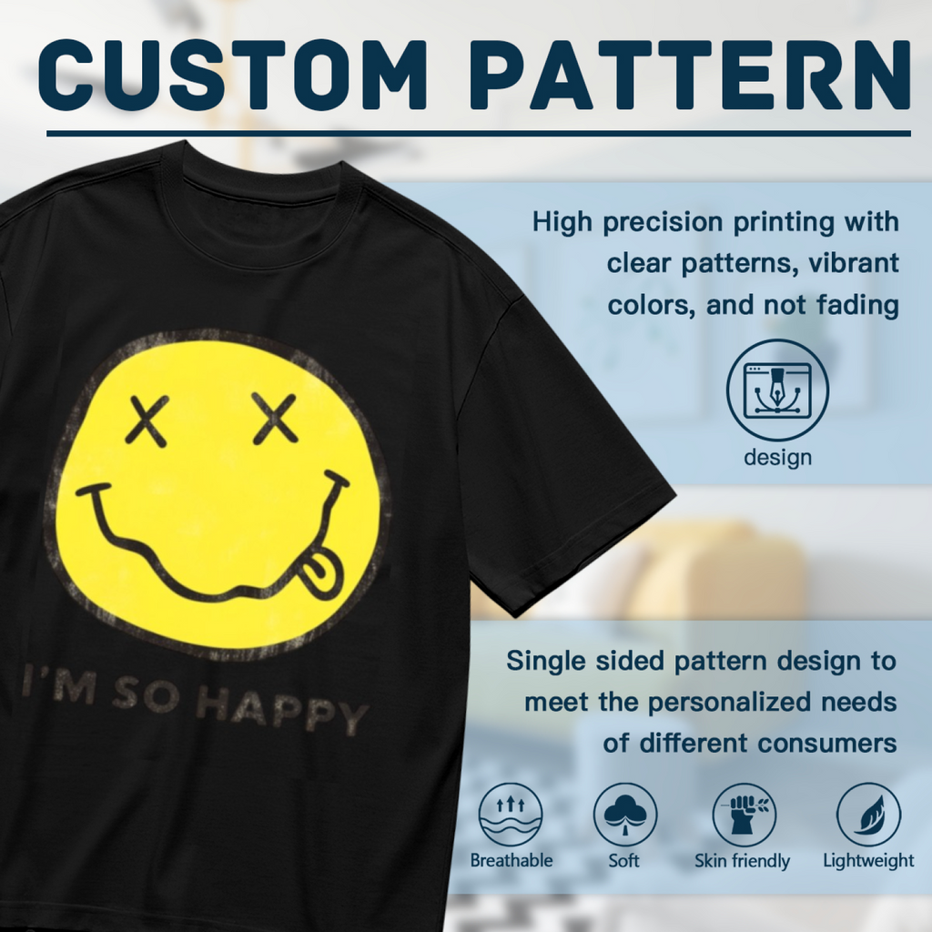 Nirvana I’m So Happy Yellow Smiley Graphic T-Shirt — product design preview of the artwork; the words “I’m So Happy” appear with a yellow smiley-face graphic