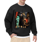Two travelers on a rainlit street beneath neon city signs printed on a men's crewneck sweatshirt, shown in a front model photo