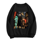 Unworn men's crewneck sweatshirt, front view of the design depicting two travelers on a rainlit street beneath neon city signs