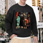 On-location model photograph displaying two travelers on a rainlit street beneath neon city signs on the front of a men's crewneck sweatshirt