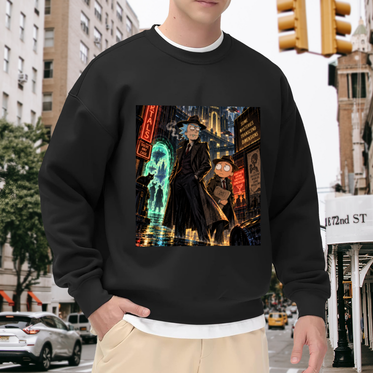 On-location model photograph displaying two travelers on a rainlit street beneath neon city signs on the front of a men's crewneck sweatshirt