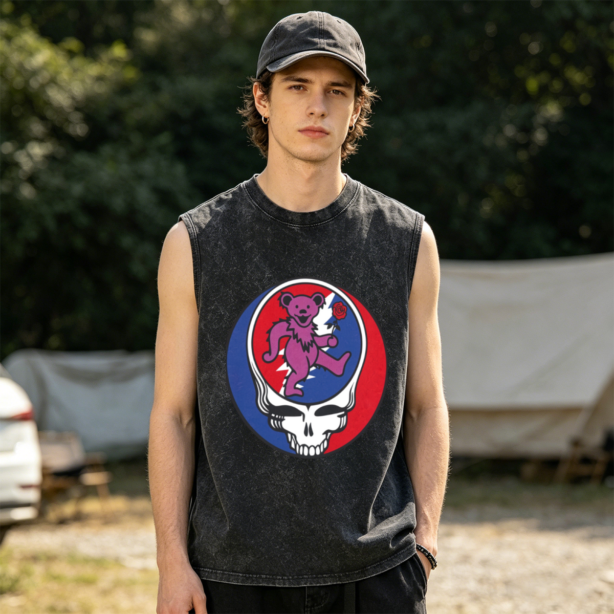 Grateful Dead washed graphic tank top with Purple Bear With Rose Baseball graphic