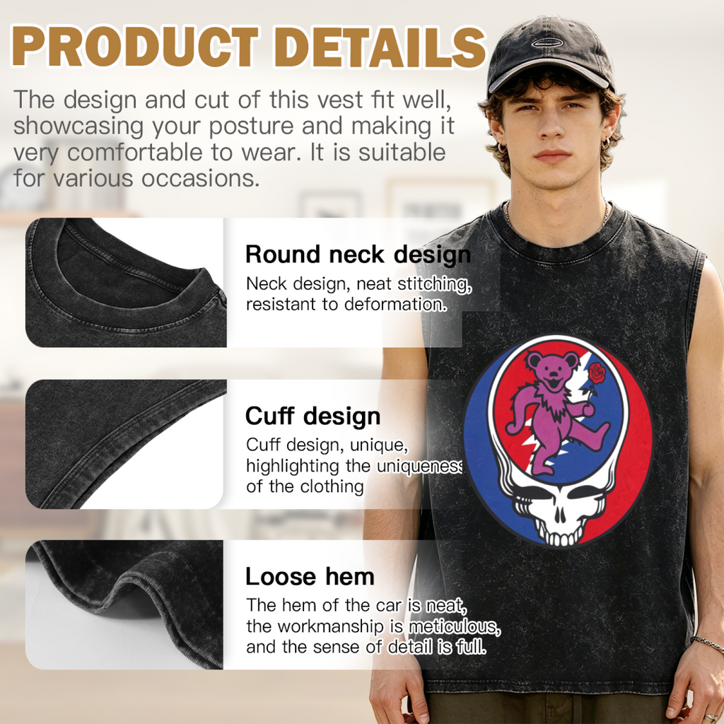Grateful Dead washed graphic tank top with Purple Bear With Rose Baseball graphic