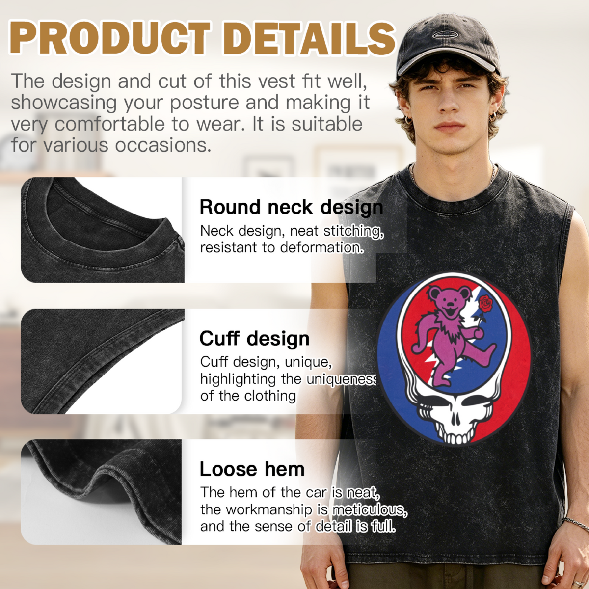 Grateful Dead washed graphic tank top with Purple Bear With Rose Baseball graphic