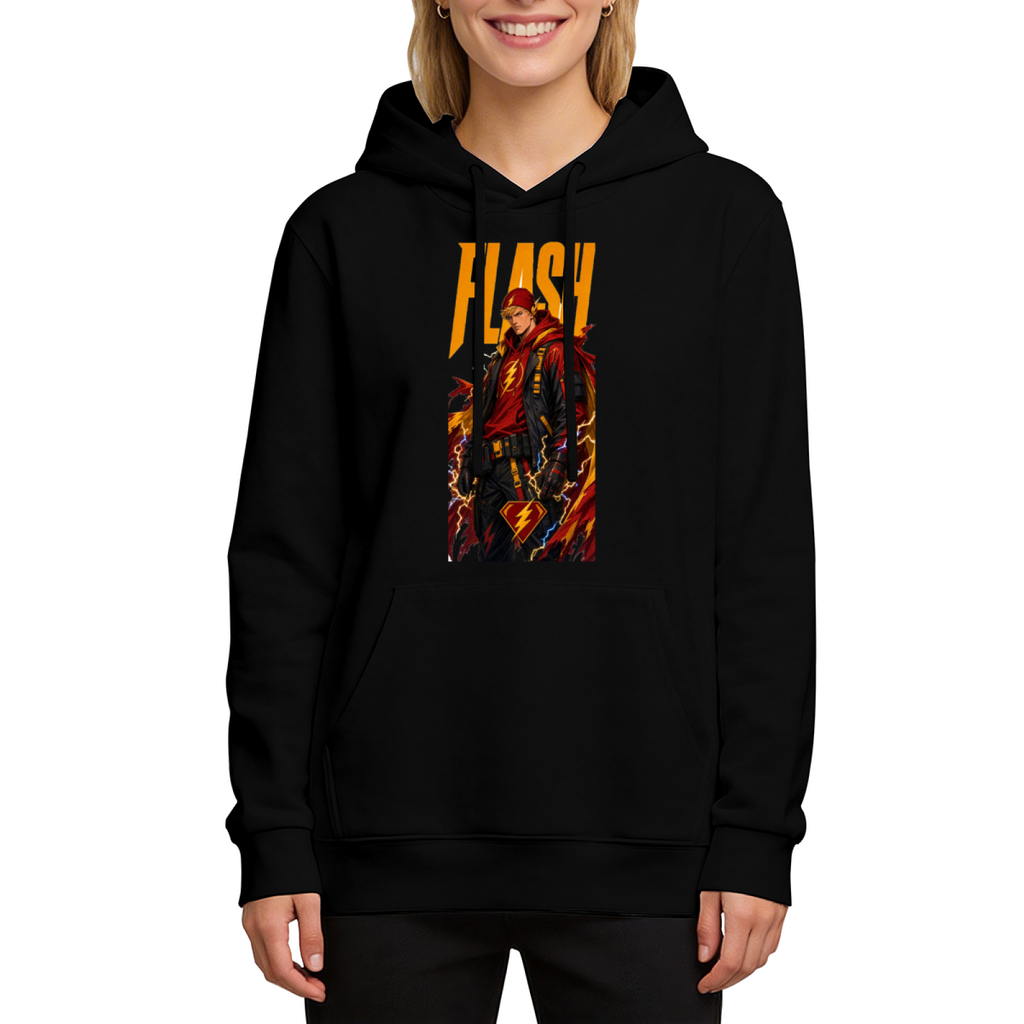 Women's hoodie seen on a model, its front graphic depicting a jacketed figure amid lightning in a tall street-style illustration