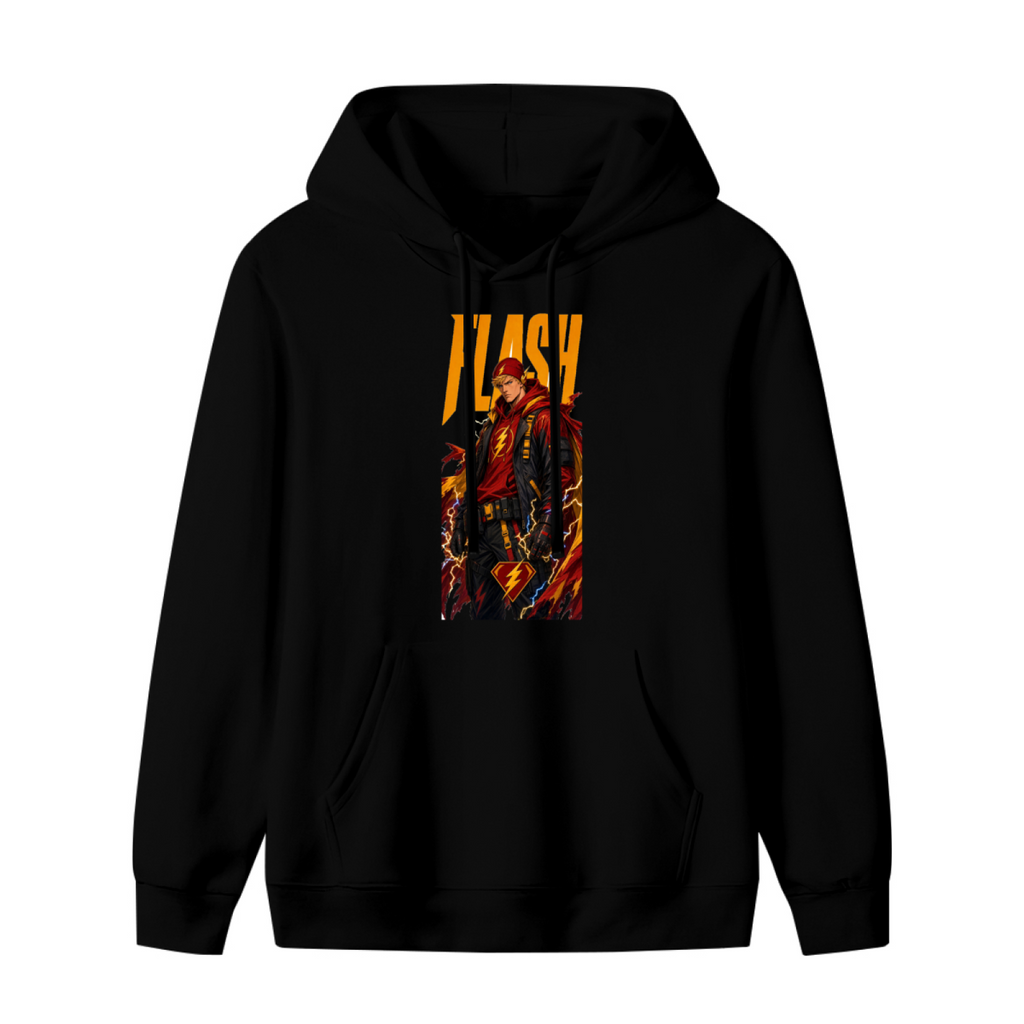 Front garment photograph: women's hoodie decorated with a jacketed figure amid lightning in a tall street-style illustration