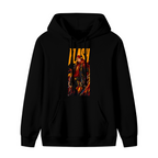 Front garment photograph: women's hoodie decorated with a jacketed figure amid lightning in a tall street-style illustration