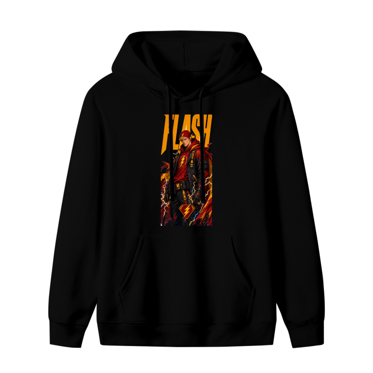 Front garment photograph: women's hoodie decorated with a jacketed figure amid lightning in a tall street-style illustration