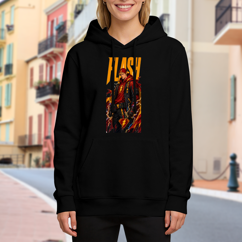 A jacketed figure amid lightning in a tall street-style illustration visible on a women's hoodie in an outdoor front model view