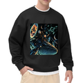 Men's crewneck sweatshirt seen on a model, its front graphic depicting whale riders drifting among stars and luminous rings